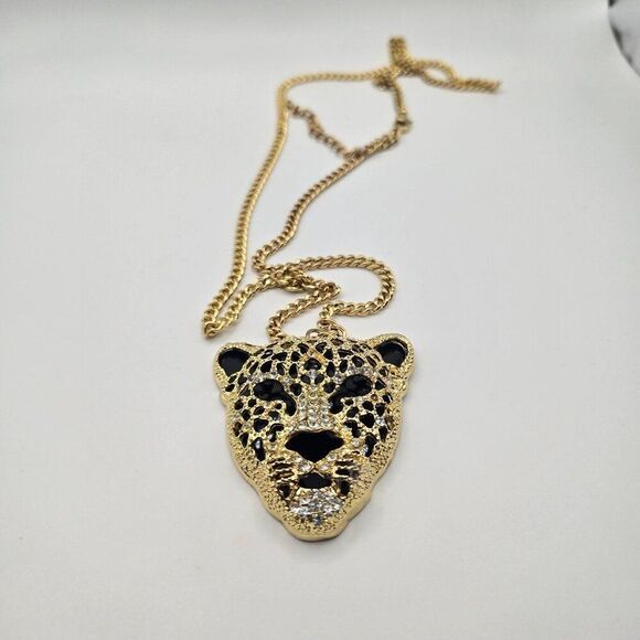 Natasha Couture Large Panther Leopard Gold Tone Necklace Rhinestone Cheetah - Picture 4 of 8